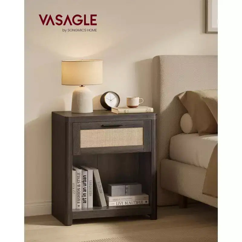 Collection VASAGLE ELLAN – Tables de chevet bohème avec tiroir aspect rotin, lot de 2 tables d'appoint avec compartiment ouvert, coins arrondis