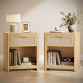 VASAGLE ELLAN Collection - Boho Nightstands with Rattan-Look Drawer, Set of 2 End Tables with Open Compartment, Rounded Corners