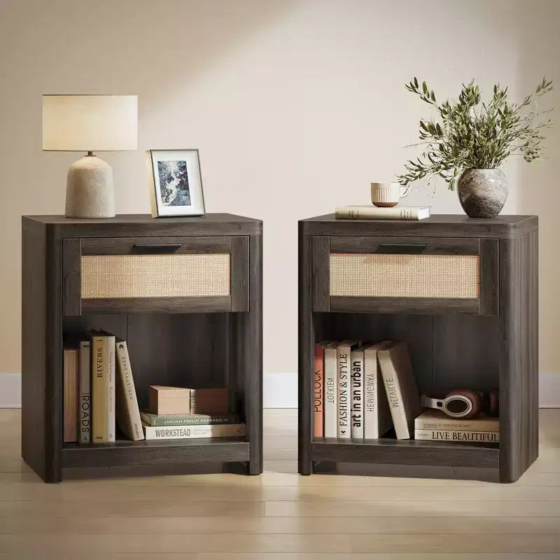 Collection VASAGLE ELLAN – Tables de chevet bohème avec tiroir aspect rotin, lot de 2 tables d'appoint avec compartiment ouvert, coins arrondis