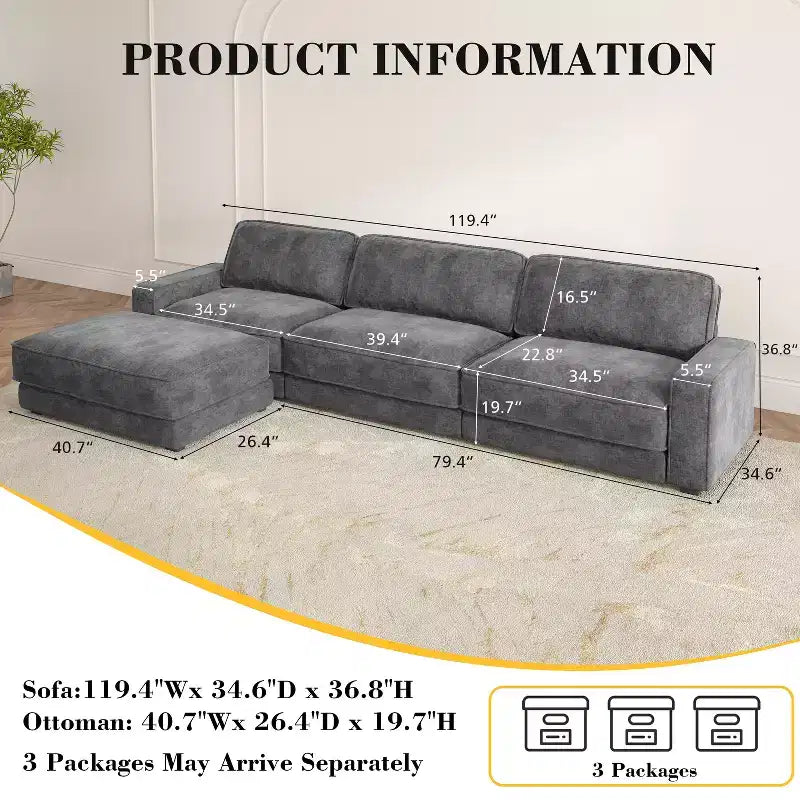 Dyonery 160 Canapé modulable, canapé modulable Cloud avec assise profonde, canapé modulable moderne en forme de L avec méridienne.