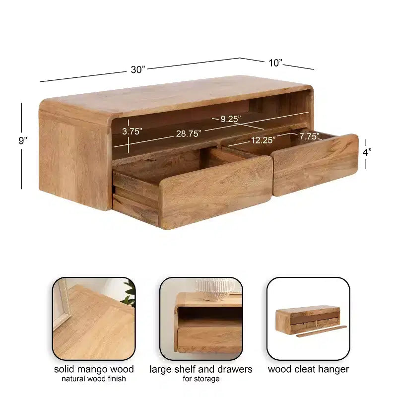 Console flottante en bois Kate et Laurel Kato, naturelle, 30x10x9