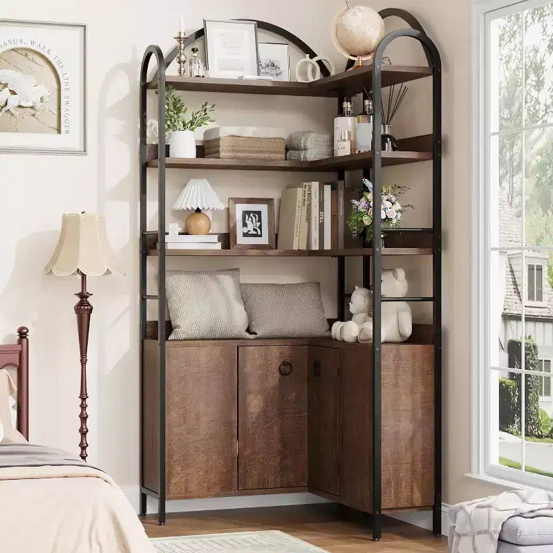 Bibliothèque d'angle à 6 niveaux de 188 cm de haut avec rangement, étagères en forme de L rustiques avec armoire et portes pour le salon et le bureau à domicile