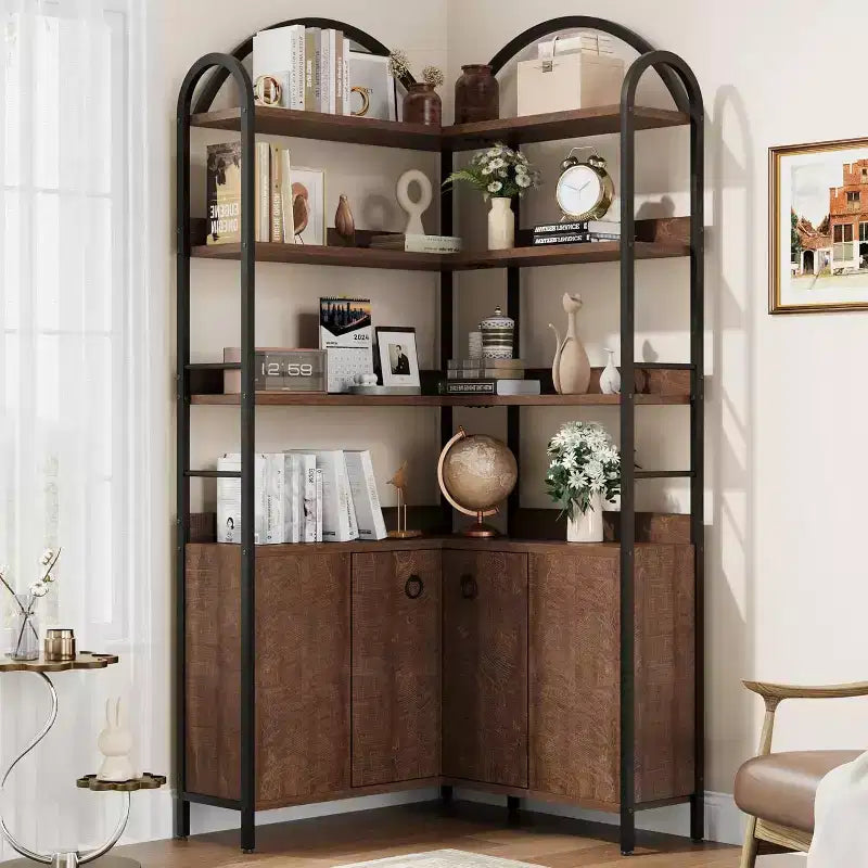 Bibliothèque d'angle à 6 niveaux de 188 cm de haut avec rangement, étagères en forme de L rustiques avec armoire et portes pour le salon et le bureau à domicile