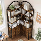 Bibliothèque d'angle à 6 niveaux de 188 cm de haut avec rangement, étagères en forme de L rustiques avec armoire et portes pour le salon et le bureau à domicile