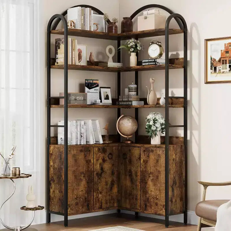 Bibliothèque d'angle à 6 niveaux de 188 cm de haut avec rangement, étagères en forme de L rustiques avec armoire et portes pour le salon et le bureau à domicile
