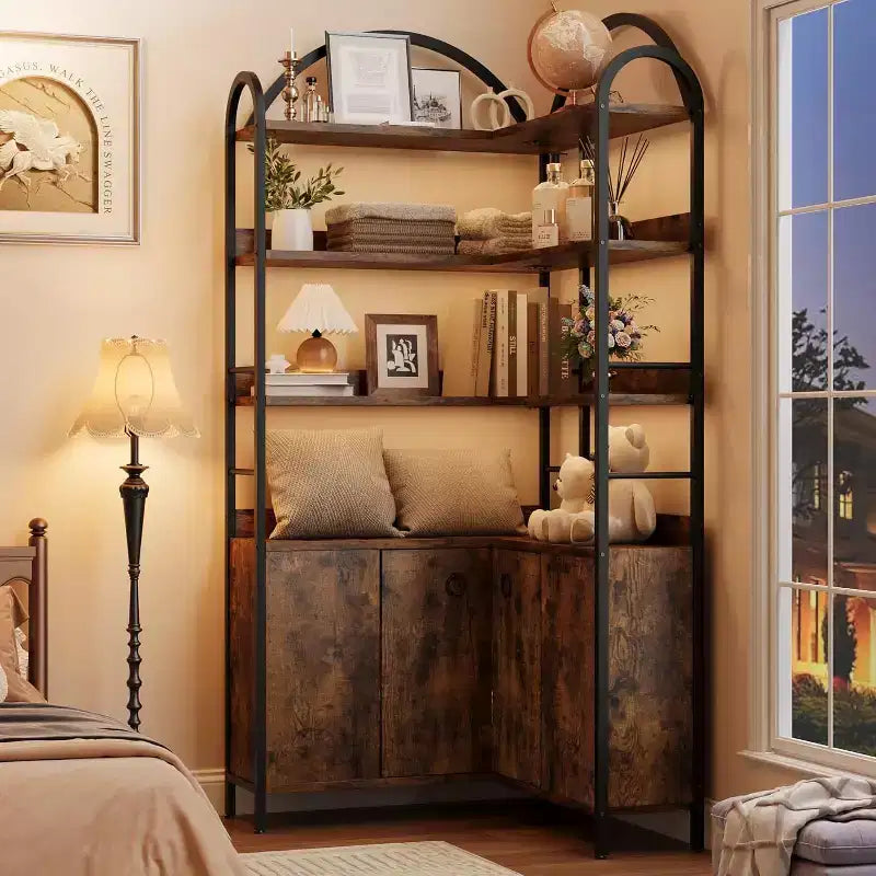 Bibliothèque d'angle à 6 niveaux de 188 cm de haut avec rangement, étagères en forme de L rustiques avec armoire et portes pour le salon et le bureau à domicile