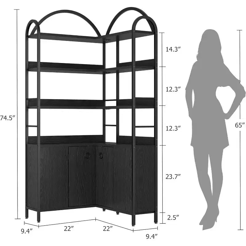 Bibliothèque d'angle à 6 niveaux de 188 cm de haut avec rangement, étagères en forme de L rustiques avec armoire et portes pour le salon et le bureau à domicile