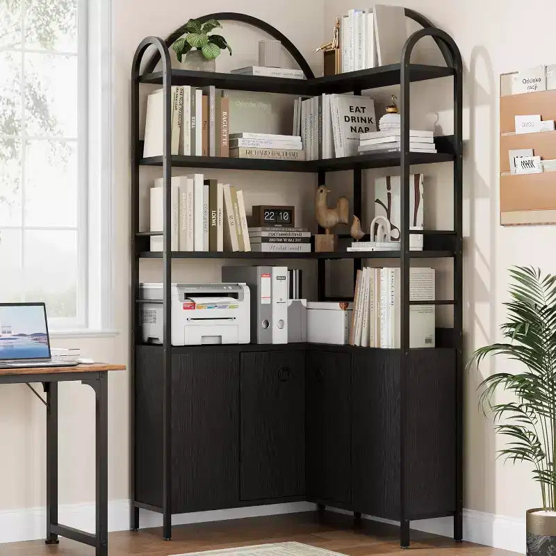 Bibliothèque d'angle à 6 niveaux de 188 cm de haut avec rangement, étagères en forme de L rustiques avec armoire et portes pour le salon et le bureau à domicile