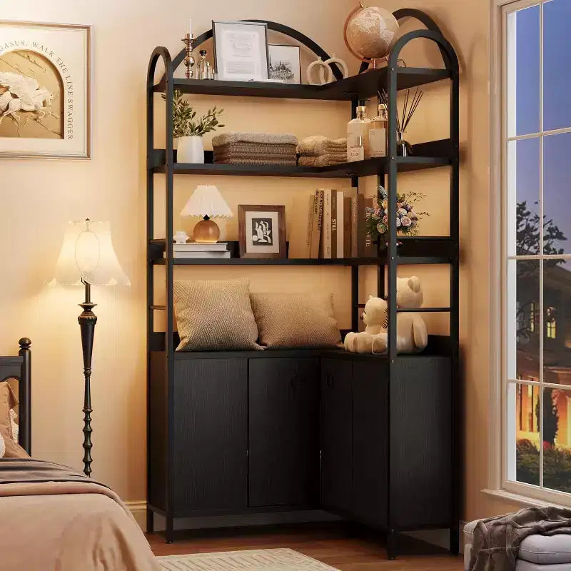 Bibliothèque d'angle à 6 niveaux de 188 cm de haut avec rangement, étagères en forme de L rustiques avec armoire et portes pour le salon et le bureau à domicile