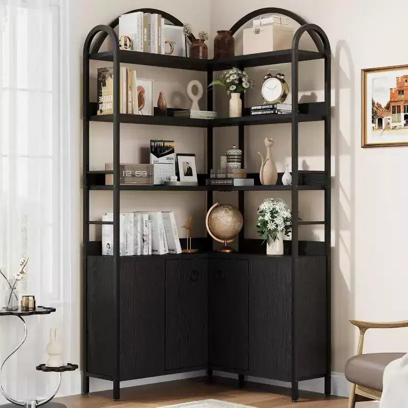 Bibliothèque d'angle à 6 niveaux de 188 cm de haut avec rangement, étagères en forme de L rustiques avec armoire et portes pour le salon et le bureau à domicile