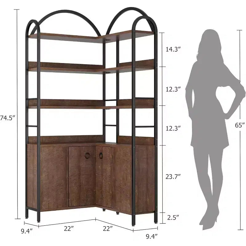 Bibliothèque d'angle à 6 niveaux de 188 cm de haut avec rangement, étagères en forme de L rustiques avec armoire et portes pour le salon et le bureau à domicile