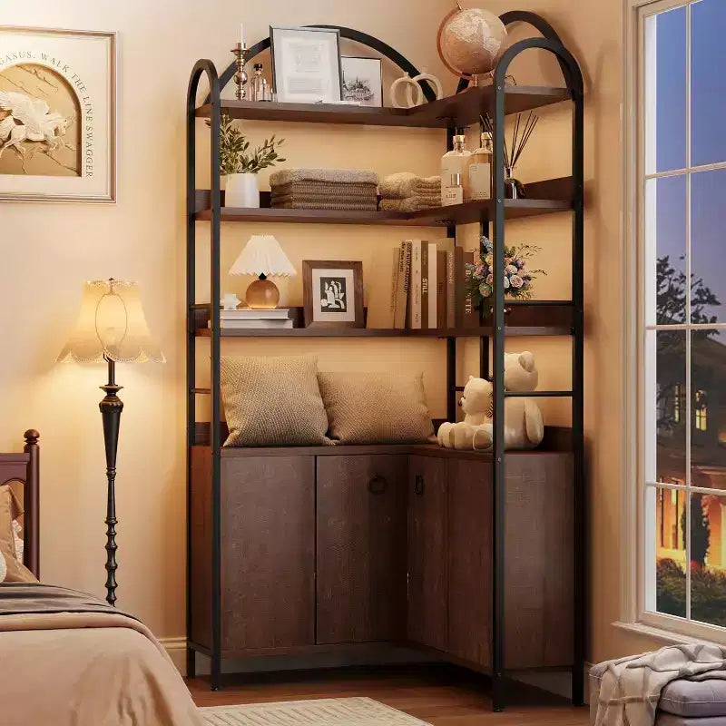 Bibliothèque d'angle à 6 niveaux de 188 cm de haut avec rangement, étagères en forme de L rustiques avec armoire et portes pour le salon et le bureau à domicile