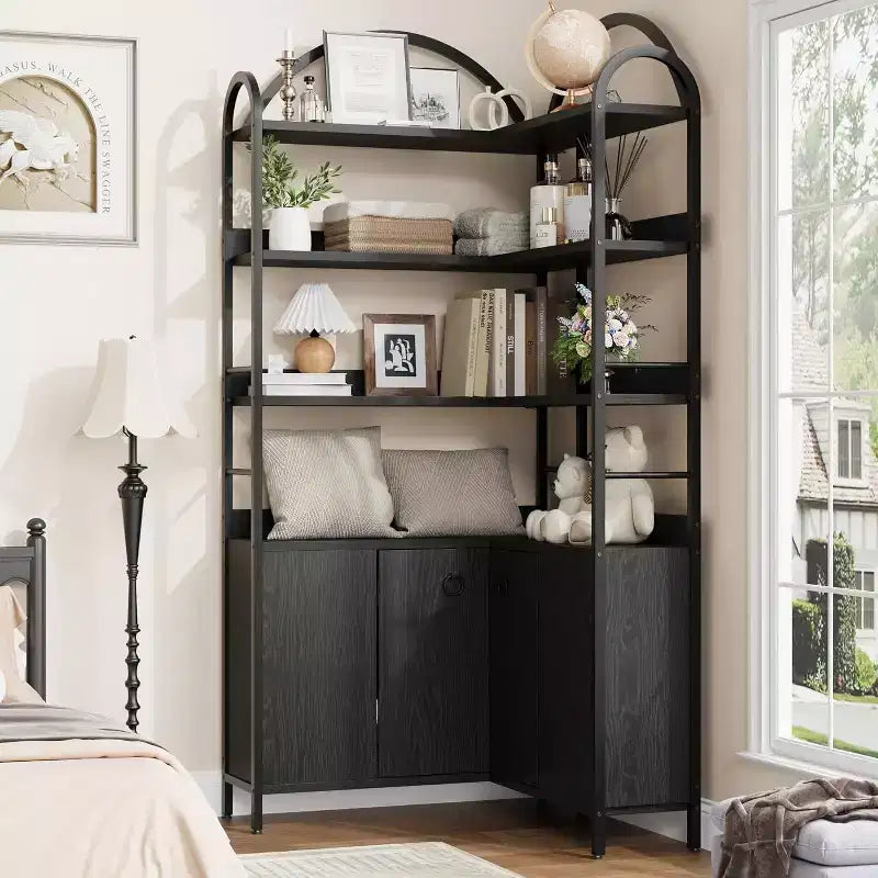 6-Tier 74 Tall Corner Bookcase with Storage, Rustic L Shaped Bookshelves with Cabinet and Doors for Living Room, Home Office