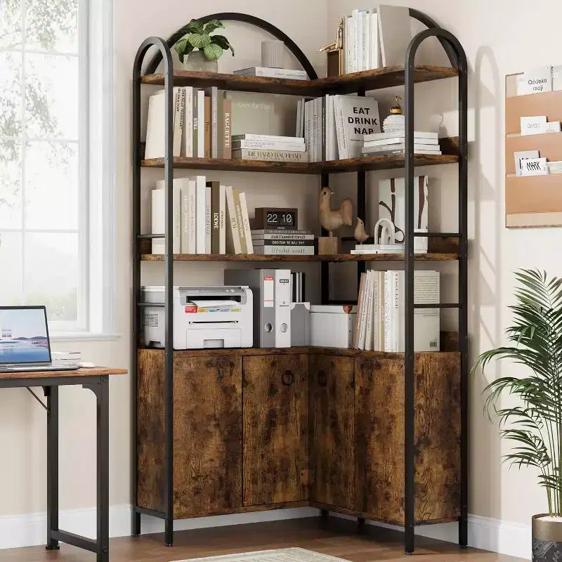 Bibliothèque d'angle à 6 niveaux de 188 cm de haut avec rangement, étagères en forme de L rustiques avec armoire et portes pour le salon et le bureau à domicile