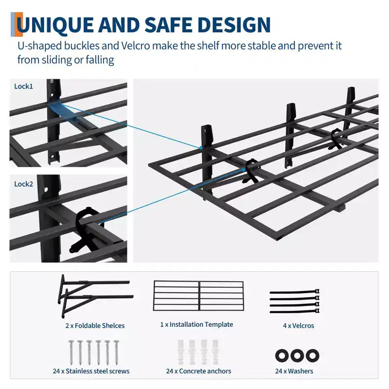 Lot de 2 étagères murales de garage, support de rangement pliable robuste de 360 kg, organisateur mural en acier pour garage, atelier et abri de jardin, noir