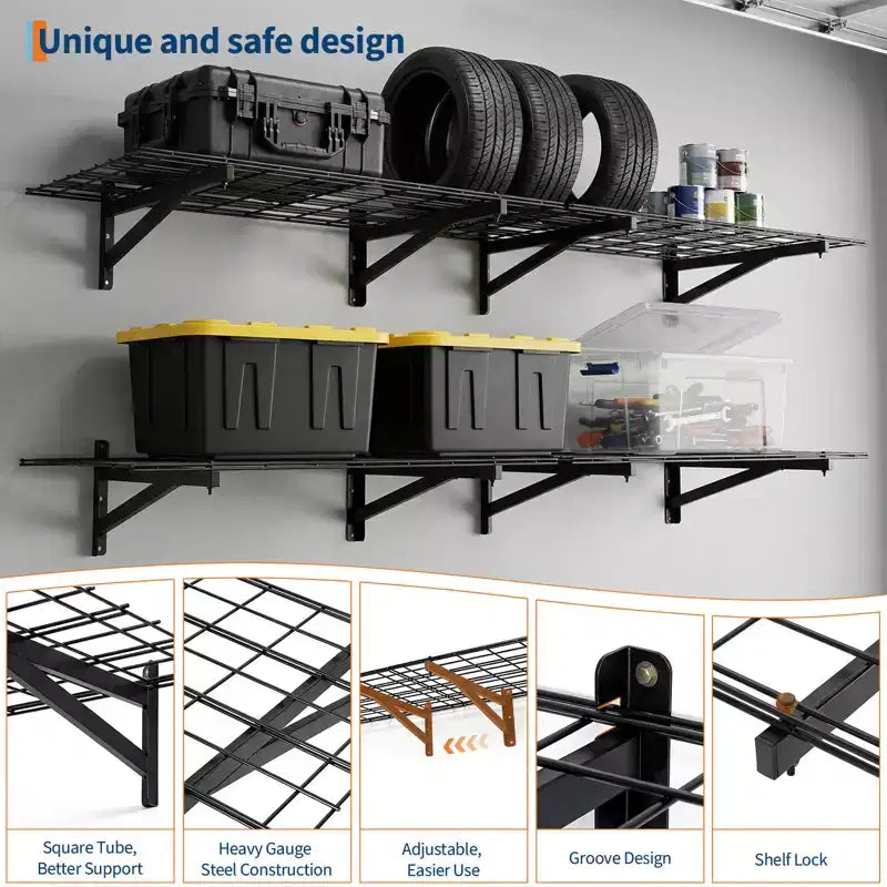 Lot de 4 étagères murales robustes pour garage, étagères de rangement murales 60x90cm, capacité de 635 kg, étagères flottantes pour garage, atelier, abri de jardin, noir