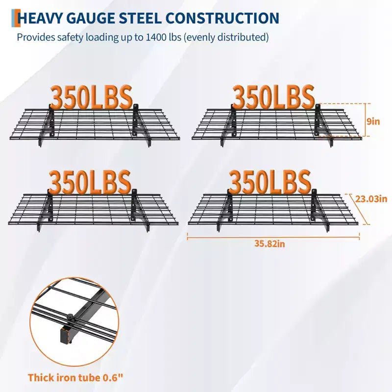 Lot de 4 étagères murales robustes pour garage, étagères de rangement murales 60x90cm, capacité de 635 kg, étagères flottantes pour garage, atelier, abri de jardin, noir
