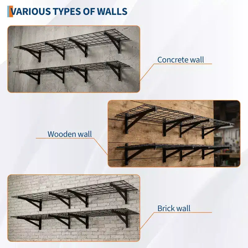 Lot de 4 étagères murales robustes pour garage, étagères de rangement murales 60x90cm, capacité de 635 kg, étagères flottantes pour garage, atelier, abri de jardin, noir