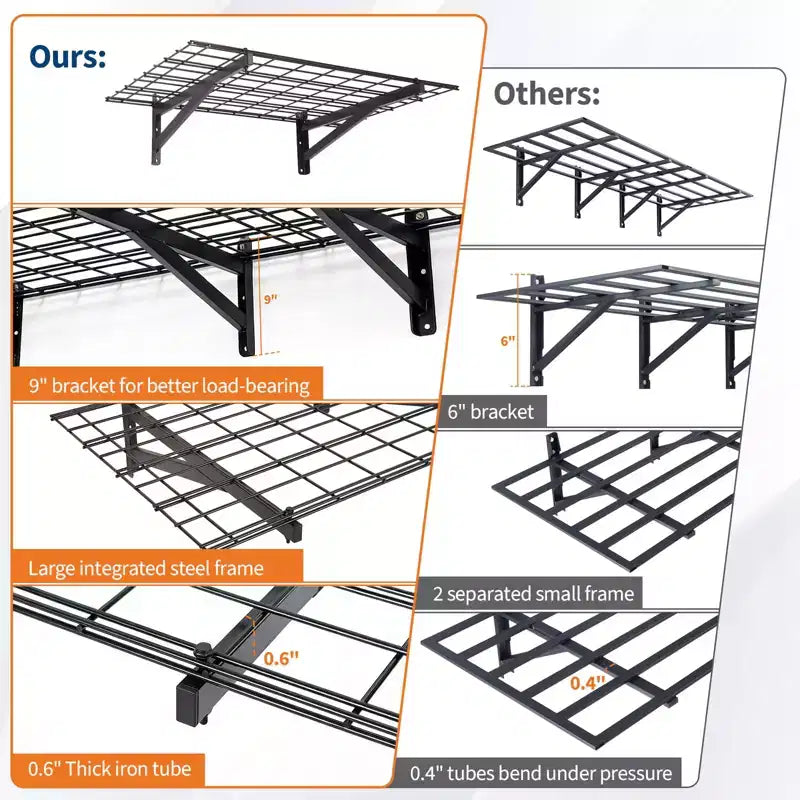 Lot de 4 étagères murales robustes pour garage, étagères de rangement murales 60x90cm, capacité de 635 kg, étagères flottantes pour garage, atelier, abri de jardin, noir