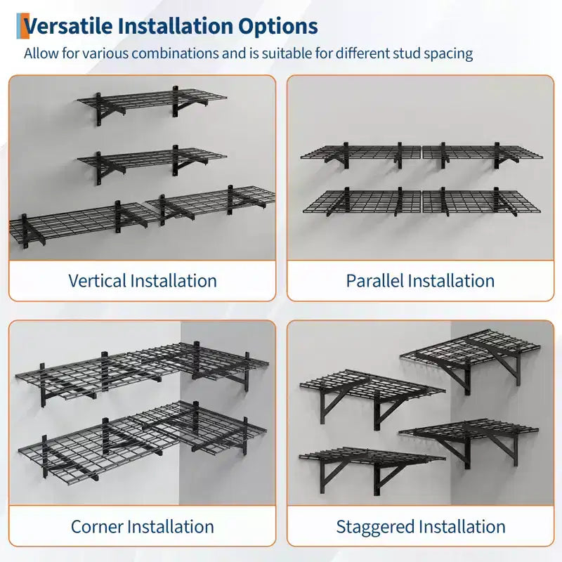 Lot de 4 étagères murales robustes pour garage, étagères de rangement murales 60x90cm, capacité de 635 kg, étagères flottantes pour garage, atelier, abri de jardin, noir