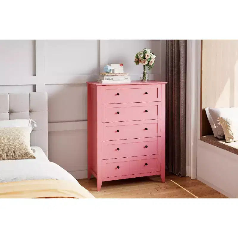 Commode à 5 tiroirs pour chambre à coucher, chiffonnier haut en bois avec rangement profond et poignées en métal, organiseur d'entrée moderne