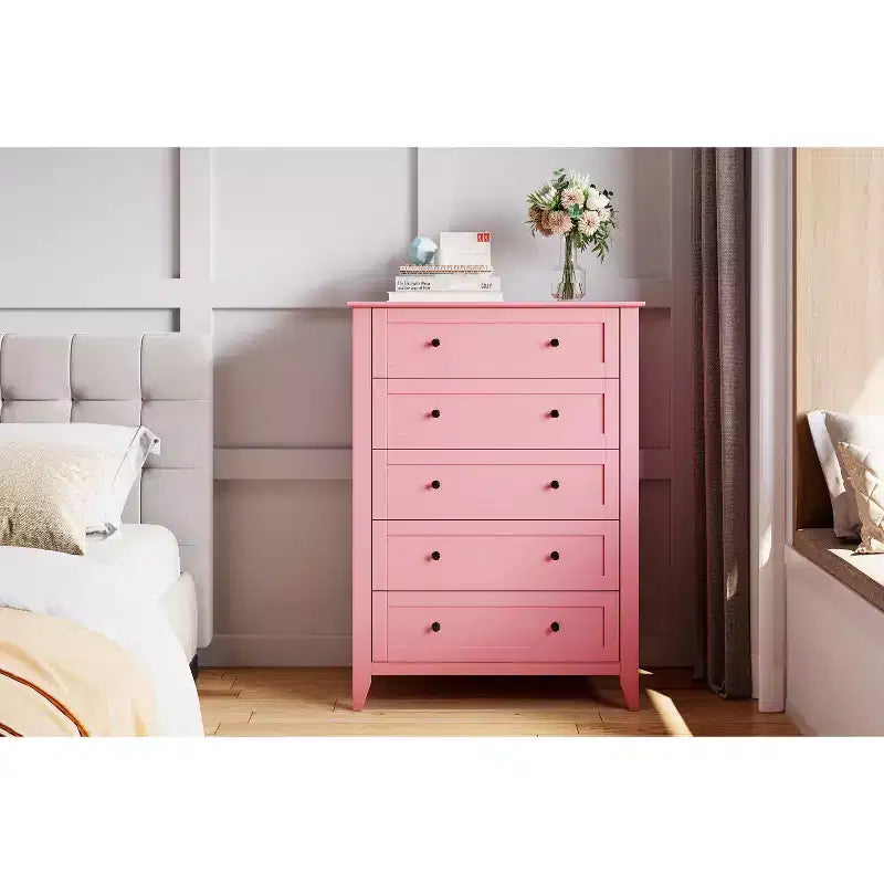 Commode à 5 tiroirs pour chambre à coucher, chiffonnier haut en bois avec rangement profond et poignées en métal, organiseur d'entrée moderne