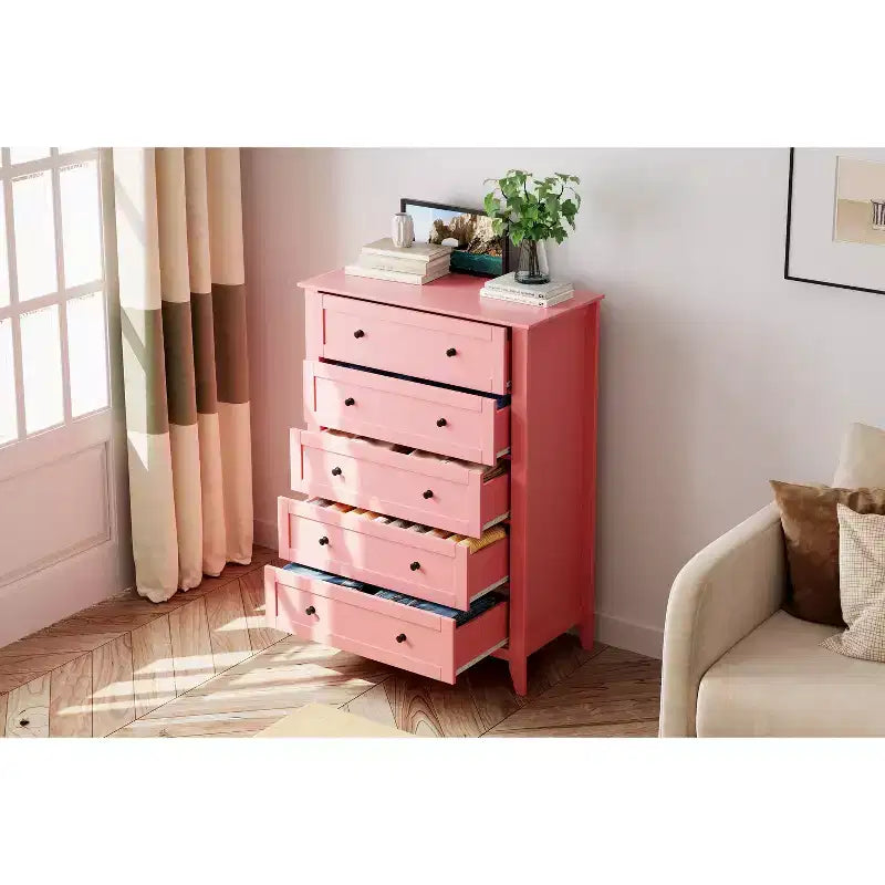 Commode à 5 tiroirs pour chambre à coucher, chiffonnier haut en bois avec rangement profond et poignées en métal, organiseur d'entrée moderne