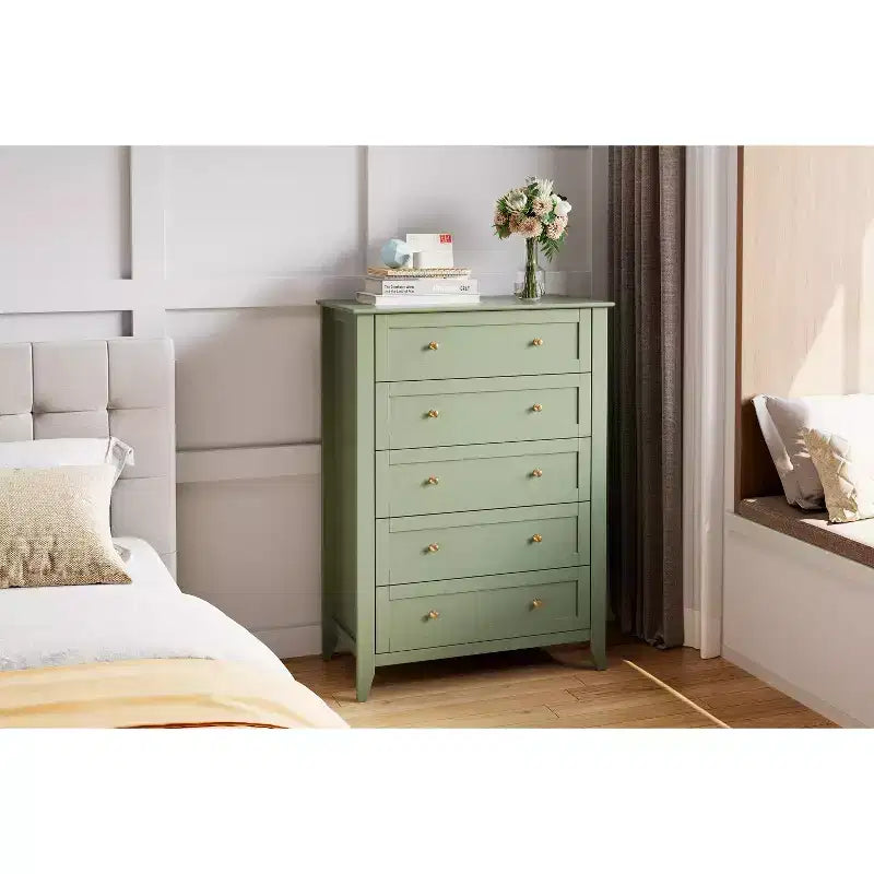 Commode à 5 tiroirs pour chambre à coucher, chiffonnier haut en bois avec rangement profond et poignées en métal, organiseur d'entrée moderne