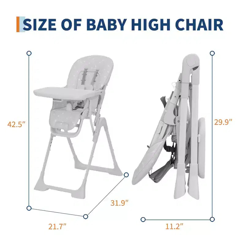 Chaise Haute Bébé Réglable 42,5 pour Tout-Petits, Hauteur et Dossier Multi-Niveaux, Plateau Amovible et Pliage Rapide pour un Rangement Compact