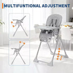 Chaise Haute Bébé Réglable 42,5 pour Tout-Petits, Hauteur et Dossier Multi-Niveaux, Plateau Amovible et Pliage Rapide pour un Rangement Compact