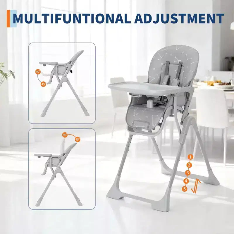 Chaise Haute Bébé Réglable 42,5 pour Tout-Petits, Hauteur et Dossier Multi-Niveaux, Plateau Amovible et Pliage Rapide pour un Rangement Compact