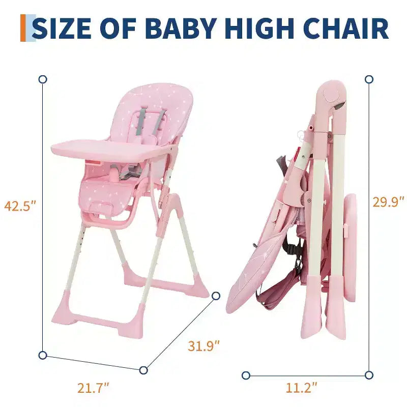 Chaise Haute Bébé Réglable 42,5 pour Tout-Petits, Hauteur et Dossier Multi-Niveaux, Plateau Amovible et Pliage Rapide pour un Rangement Compact