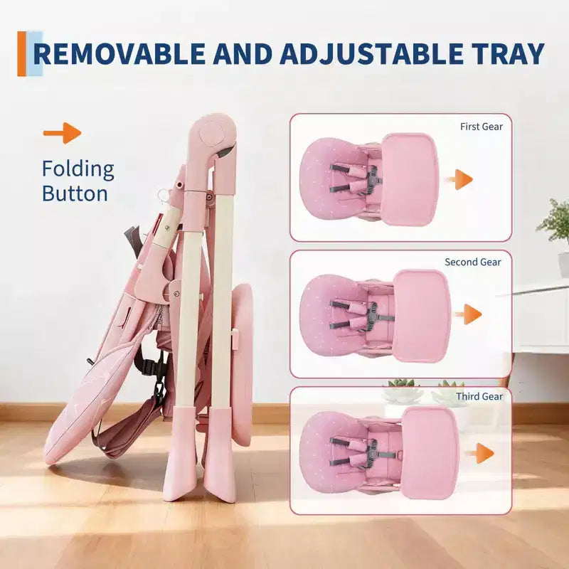 Chaise Haute Bébé Réglable 42,5 pour Tout-Petits, Hauteur et Dossier Multi-Niveaux, Plateau Amovible et Pliage Rapide pour un Rangement Compact