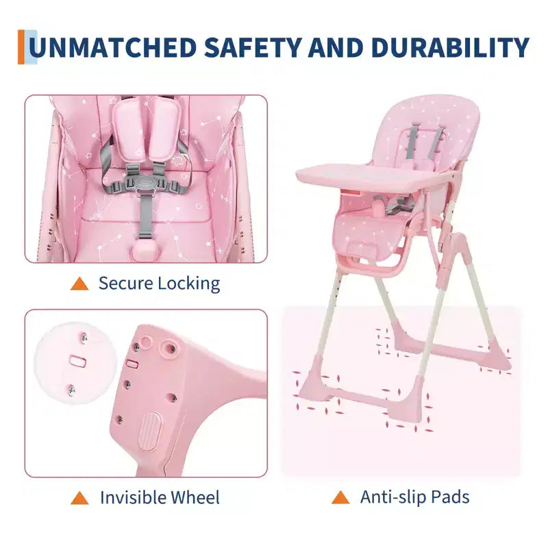 Chaise Haute Bébé Réglable 42,5 pour Tout-Petits, Hauteur et Dossier Multi-Niveaux, Plateau Amovible et Pliage Rapide pour un Rangement Compact