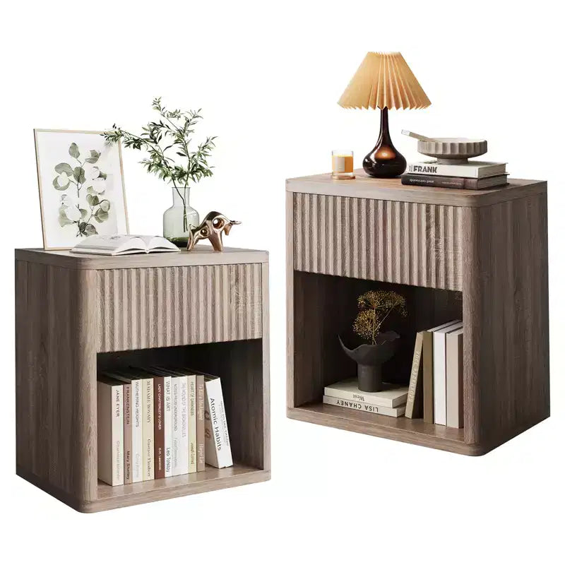 Ribbed Nightstand Set of 2, Wood Side Tables Set of 2 with Storage, Matching End Tables for Living Room, Twin Nightstands for Bedroom