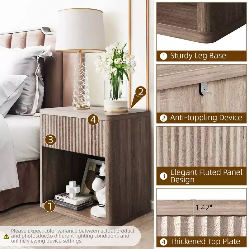 Tables de chevet nervurées, lot de 2, Tables d'appoint en bois avec rangement, lot de 2, Tables d'appoint assorties pour le salon, Tables de chevet doubles pour la chambre à coucher