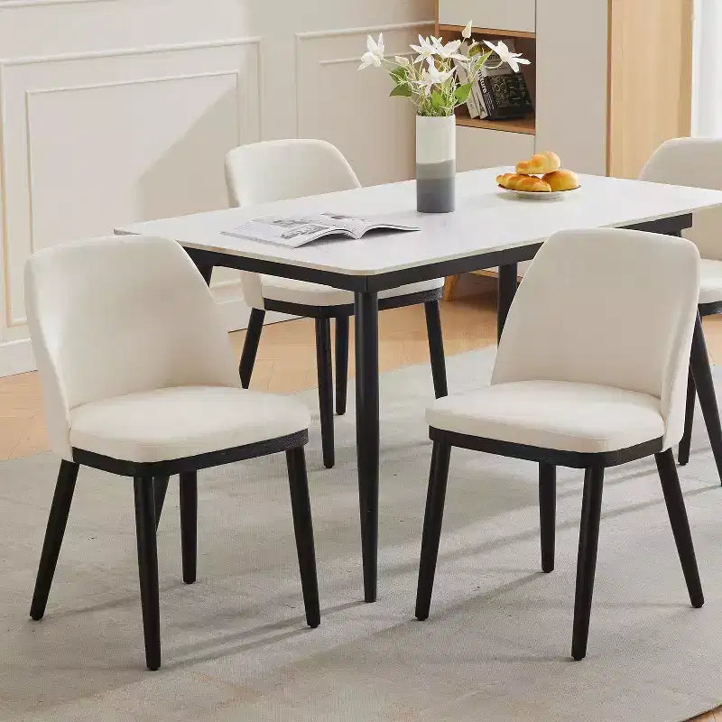 Set of 2 Linen Upholstered Dining Chairs. Curved Backrest & Wood Legs in Mid-Century Style for Kitchen & Living Room