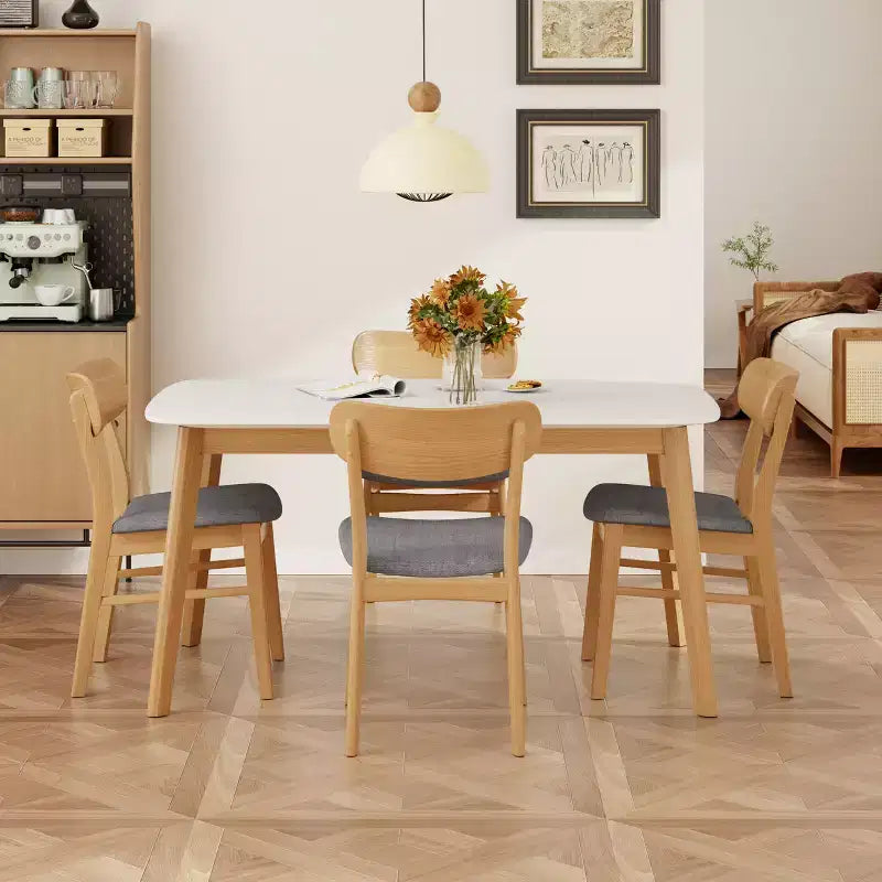 Ensemble de salle à manger compact pour 4 personnes, ensemble de 5 pièces avec table rectangulaire en bois massif et 4 chaises rembourrées pour cuisine