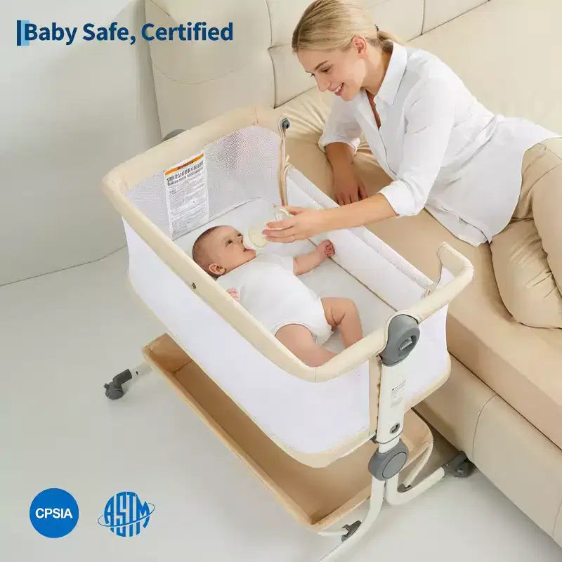 Berceau cododo 3-en-1 avec inclinaison anti-reflux, lit portable avec 6 hauteurs réglables, roulettes, filet et panier de rangement pour nouveau-né