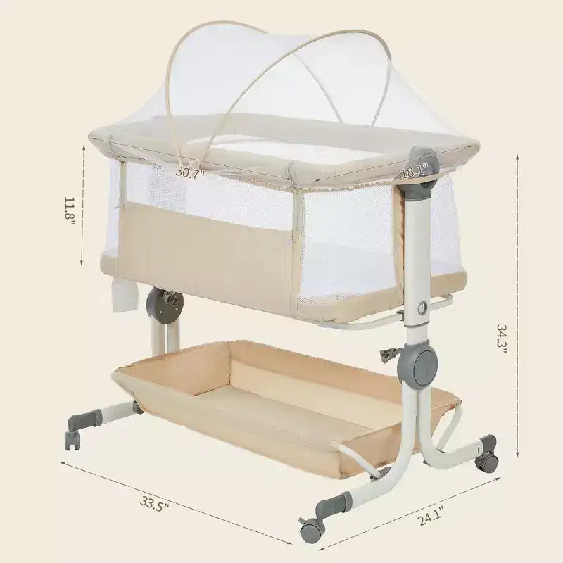 Berceau cododo 3-en-1 avec inclinaison anti-reflux, lit portable avec 6 hauteurs réglables, roulettes, filet et panier de rangement pour nouveau-né