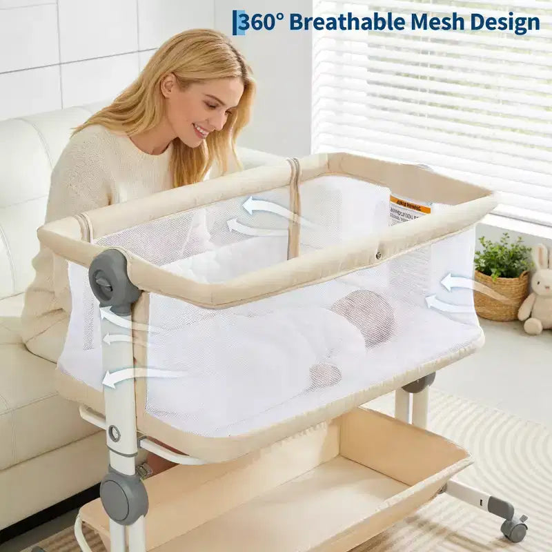 Berceau cododo 3-en-1 avec inclinaison anti-reflux, lit portable avec 6 hauteurs réglables, roulettes, filet et panier de rangement pour nouveau-né