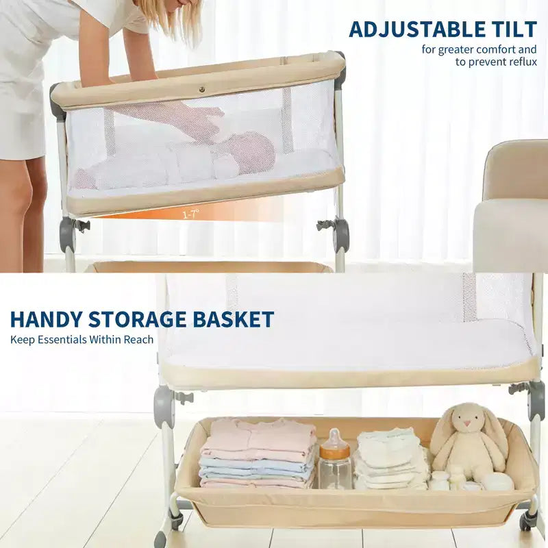 Berceau cododo 3-en-1 avec inclinaison anti-reflux, lit portable avec 6 hauteurs réglables, roulettes, filet et panier de rangement pour nouveau-né
