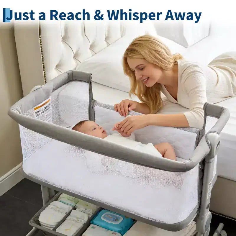 Berceau cododo 3-en-1 avec inclinaison anti-reflux, lit portable avec 6 hauteurs réglables, roulettes, filet et panier de rangement pour nouveau-né