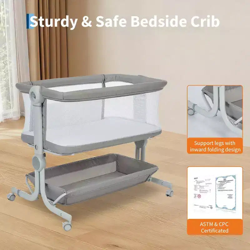 Berceau cododo 3-en-1 avec inclinaison anti-reflux, lit portable avec 6 hauteurs réglables, roulettes, filet et panier de rangement pour nouveau-né