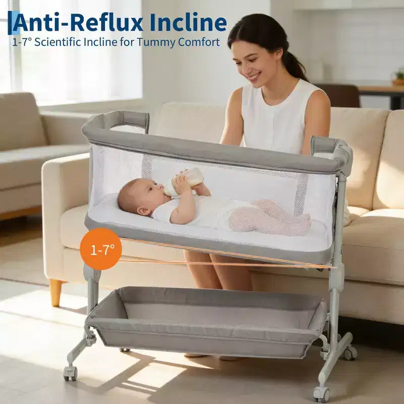 Berceau cododo 3-en-1 avec inclinaison anti-reflux, lit portable avec 6 hauteurs réglables, roulettes, filet et panier de rangement pour nouveau-né