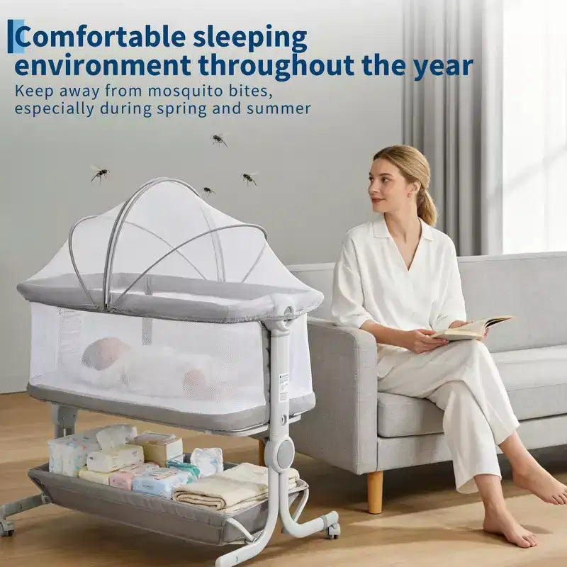 Berceau cododo 3-en-1 avec inclinaison anti-reflux, lit portable avec 6 hauteurs réglables, roulettes, filet et panier de rangement pour nouveau-né
