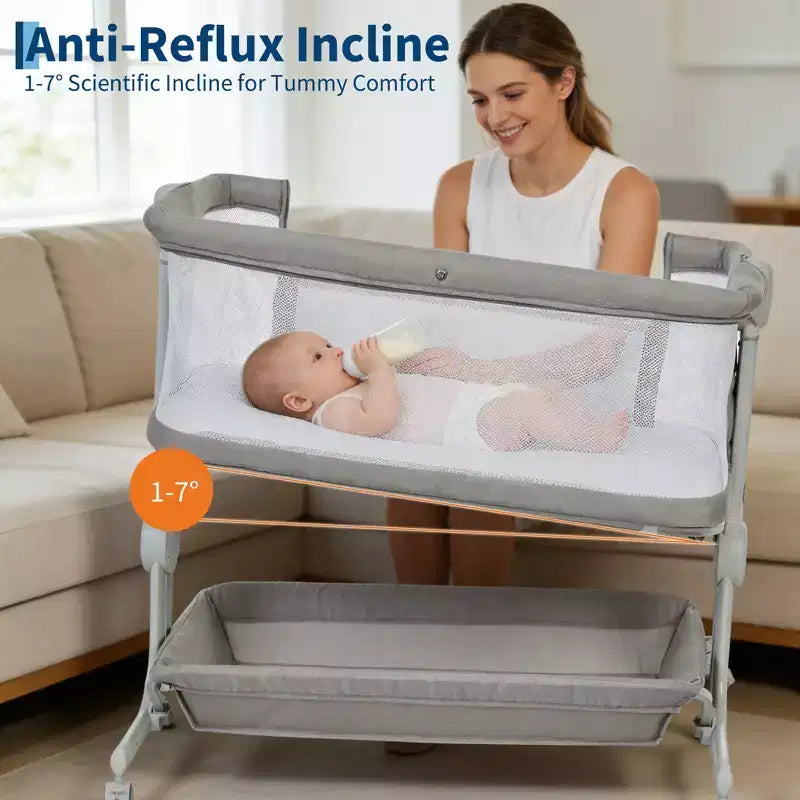 Berceau cododo 3-en-1 avec inclinaison anti-reflux, lit portable avec 6 hauteurs réglables, roulettes, filet et panier de rangement pour nouveau-né