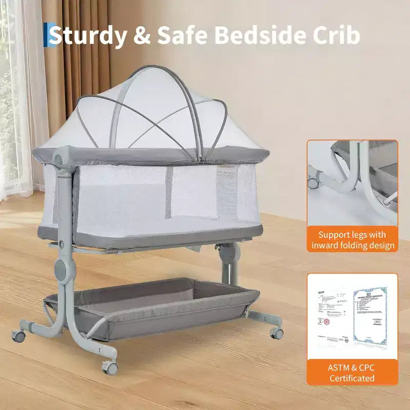 Berceau cododo 3-en-1 avec inclinaison anti-reflux, lit portable avec 6 hauteurs réglables, roulettes, filet et panier de rangement pour nouveau-né