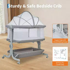Berceau cododo 3-en-1 avec inclinaison anti-reflux, lit portable avec 6 hauteurs réglables, roulettes, filet et panier de rangement pour nouveau-né