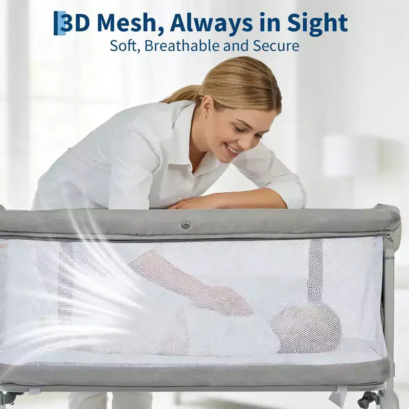 Berceau cododo 3-en-1 avec inclinaison anti-reflux, lit portable avec 6 hauteurs réglables, roulettes, filet et panier de rangement pour nouveau-né
